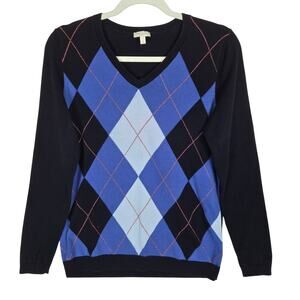 Talbots Blue Argyle Long Sleeve V-Neck Sweater S Red Metallic Thred Prep Casual